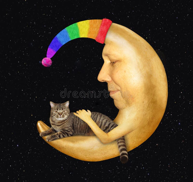 Cat Lies on the Moon in a Hat 3 Stock Image - Image of night, animal