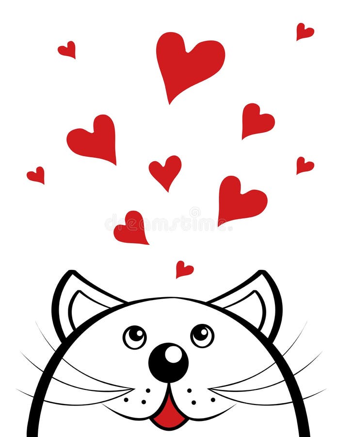 Cat in love looks at a lot of red hearts. Valentine s Day. vector