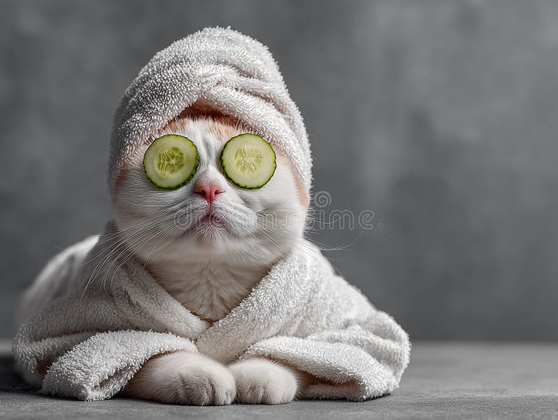 A cat in luxurious white coat and headband relaxes with cucumber slices on its eyes, embodying serene spa experience,. Pampering experience stock images, royalty-free photos and pictures