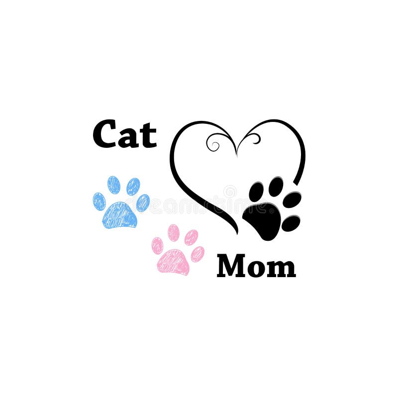 Cat Mom. Pink and blue paw print with hearts. Happy Mother`s Day background