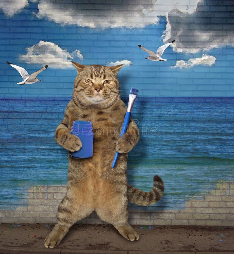 Cat painter 2 stock photo. Image of humor, drawing, wall - 124881766