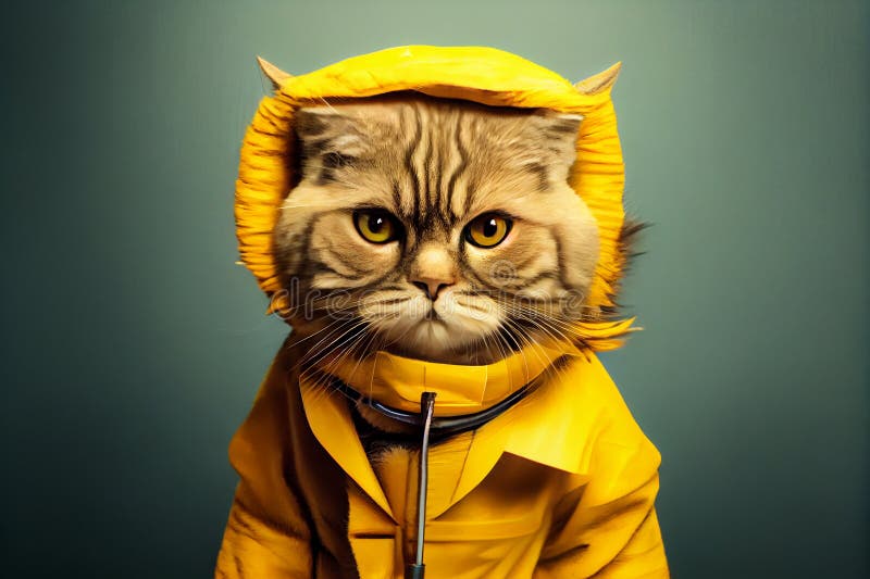 Cat Pet in a Yellow Raincoat Illustration Generative AI Stock