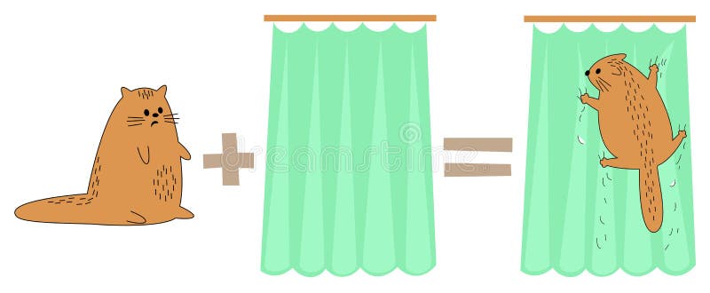 Cat plus curtain, equals. Pet scared, hanging on the curtains. The animal broke, damaged the curtain. Funny math. Vector royalty free illustration Cat plus curtain, equals. Pet scared, hanging on the curtains. The animal broke, damaged the curtain. Funny math. Vector royalty free illustration