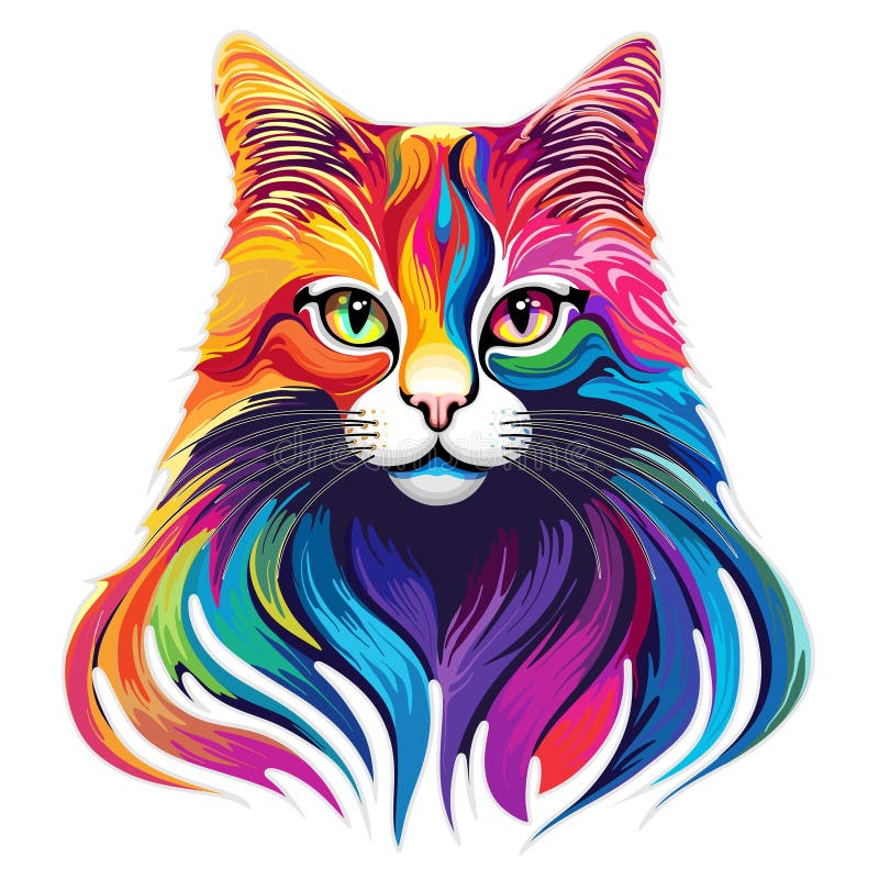 Cat Portrait Surreal Maine Coon rainbow colors vector illustration isolated on white