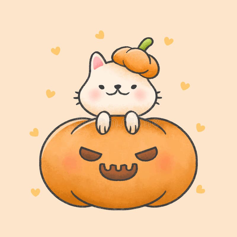 Cat In A Pumpkin Cartoon Hand Drawn Style Stock Illustration