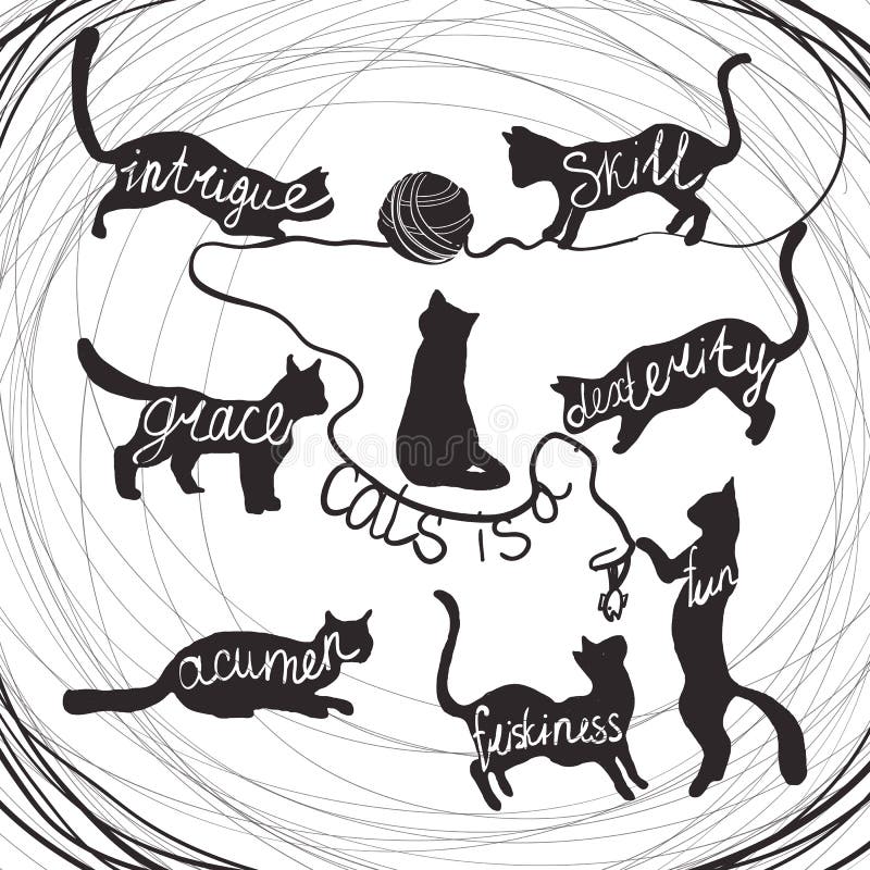 Cat quotes calligraphy lettering set on black cats silhouette