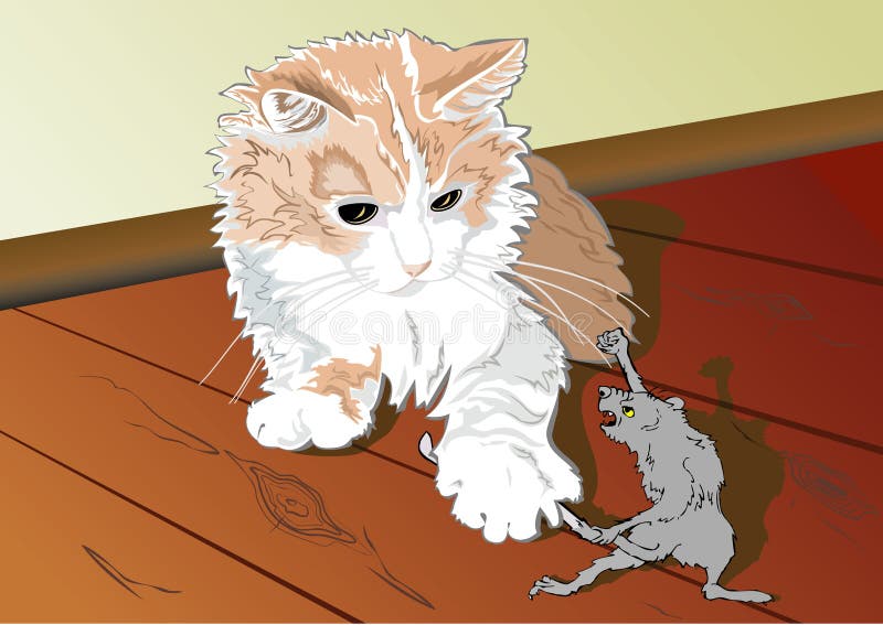 Black angry cat caught a mouse. Predator. Stock Illustration by