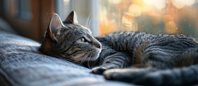 A black striped grey house cat is laying on top of a couch next to a window, enjoying the warmth and view outside. AI generated. A black striped grey house cat is laying on top of a couch next to a window, enjoying the warmth and view outside. AI generated