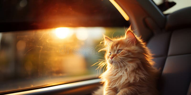 Cat riding in car and looking out from car window. travel concept. Generative AI. AI generated