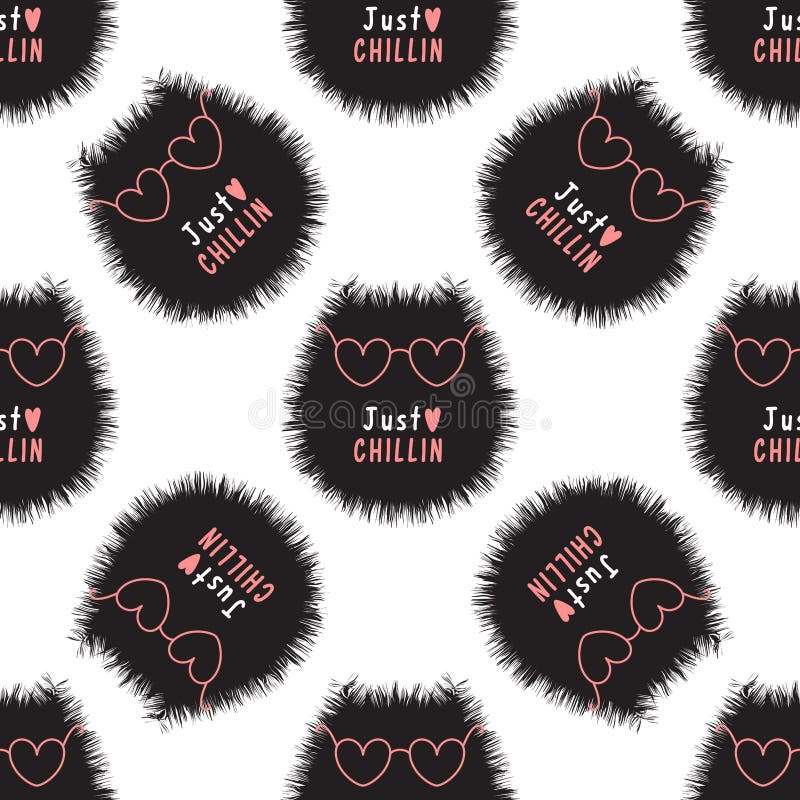 Cat seamless pattern with pink glasses and text just chillin in