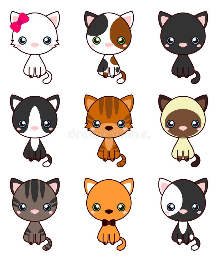 Cat Set, with black cat, white cat, grey cat, grey and white cat, brown and black act, brown cat royalty free illustration Cat Set, with black cat, white cat, grey cat, grey and white cat, brown and black act, brown cat royalty free illustration