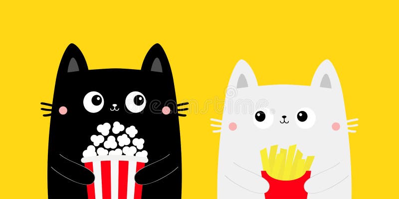 Cat set. Popcorn, french fries. Cute cartoon funny character. Black White kitty. Cinema theater. Film show. Kittens watching movie