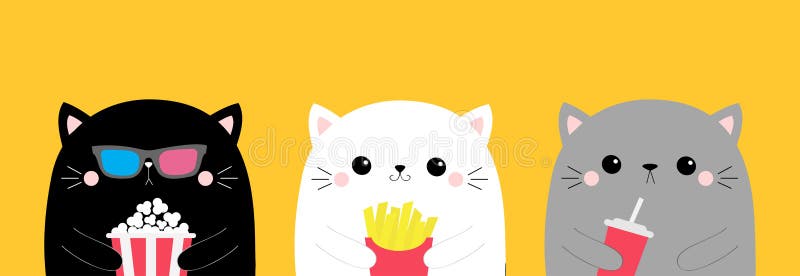 Cat set. Popcorn, french fries, soda. Cute cartoon funny character. Cinema theater. Film show. Kitten in 3D glasses watching movie