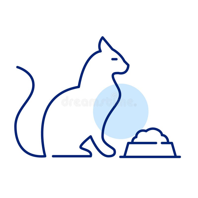 Cat sitting in front of a bowl full of food. Pet supplies icon. Pixel perfect, editable stroke royalty free illustration Cat sitting in front of a bowl full of food. Pet supplies icon. Pixel perfect, editable stroke royalty free illustration