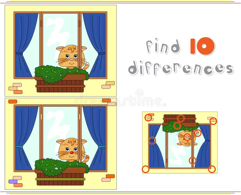 Cat sitting on the window with flower pots and curtains. Educational game for kids: find ten differences