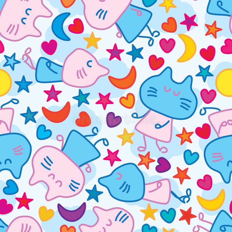 Cat sleep fly sky moon star love seamless pattern