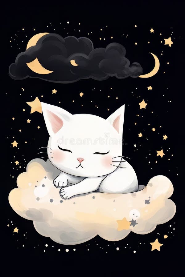 Cat Sleeping on a Cloud on a Starry Night Stock Image Image of mammal