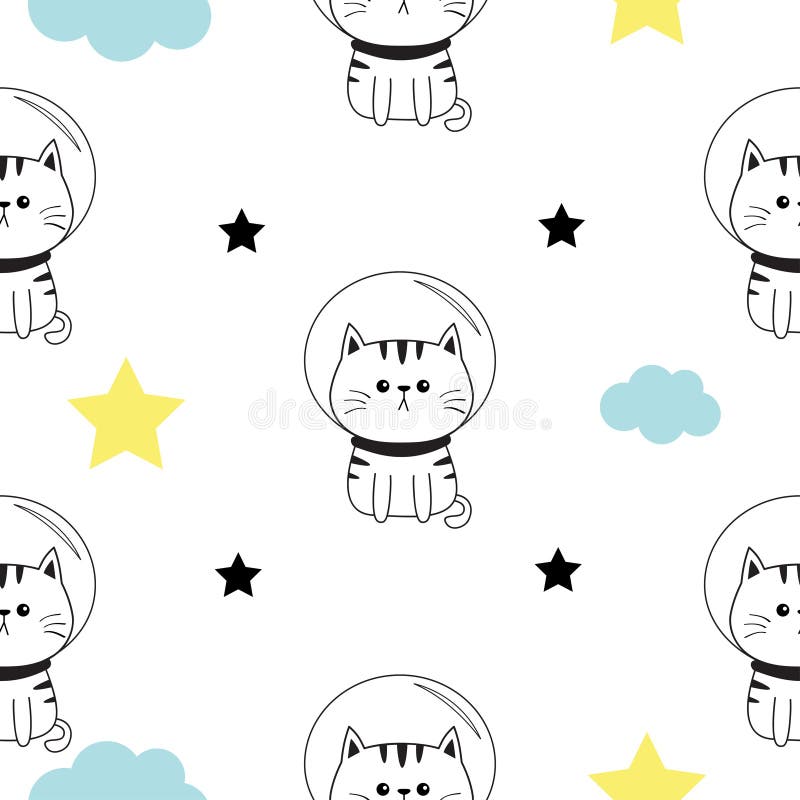 Cat spaceman head, hands. Cloud, star shape. Cute cartoon kawaii character. Baby pet collection. Seamless Pattern Wrapping paper