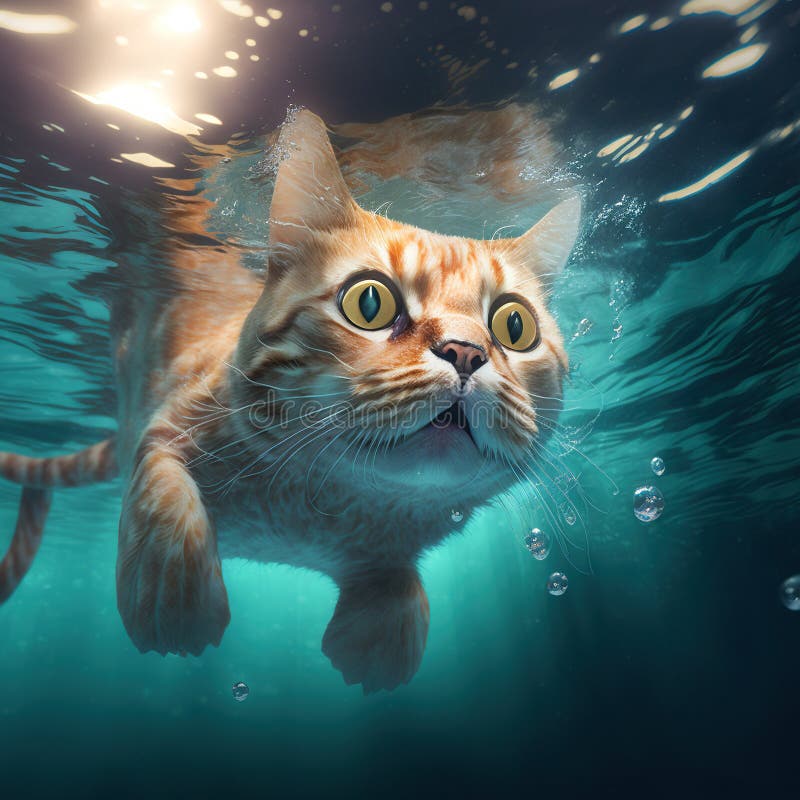 Cat Swim Underwater. Generative AI Stock Photo Image of pond, face