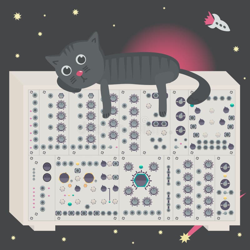 Cat on synthesizer in space with spaceship and asteroid royalty free illustration Cat on synthesizer in space with spaceship and asteroid royalty free illustration