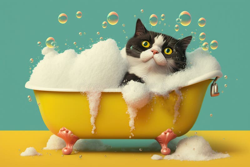 Dog Taking a Bath in a Bathtub with Foam, Created with Generative AI