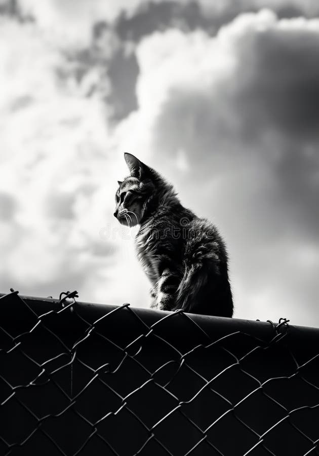 Cat on top of fence under cloudy sky. AI Generative.