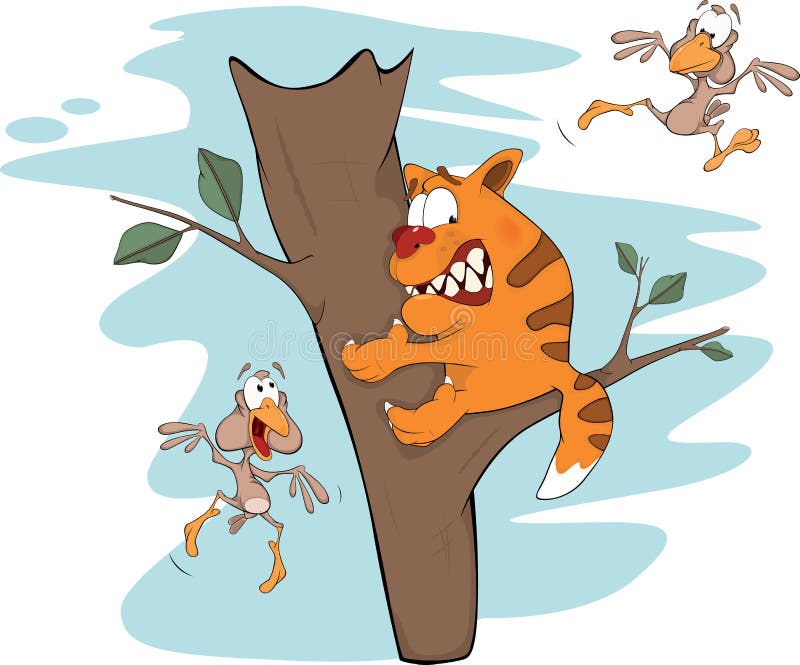 Cat on a tree and birds. Cartoon