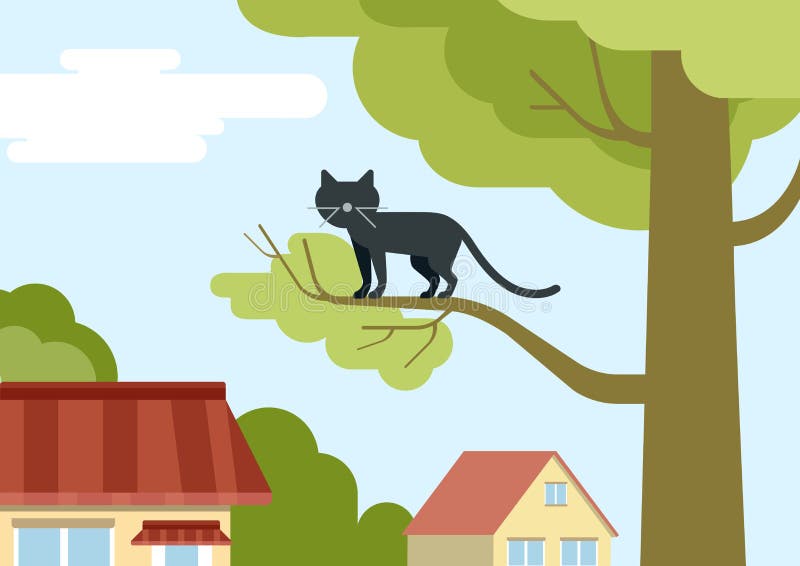 Cat On Tree Branch On The Street Flat Design Cartoon Vector Pets Stock