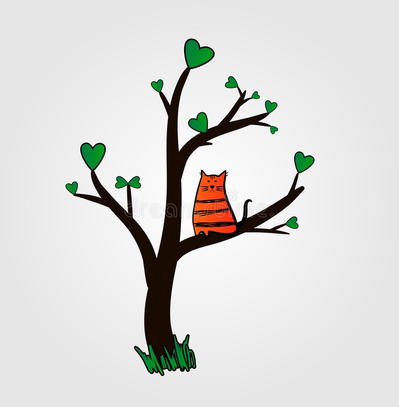 Cat on tree, spring, love. stock illustration. Illustration of leaf 174804079