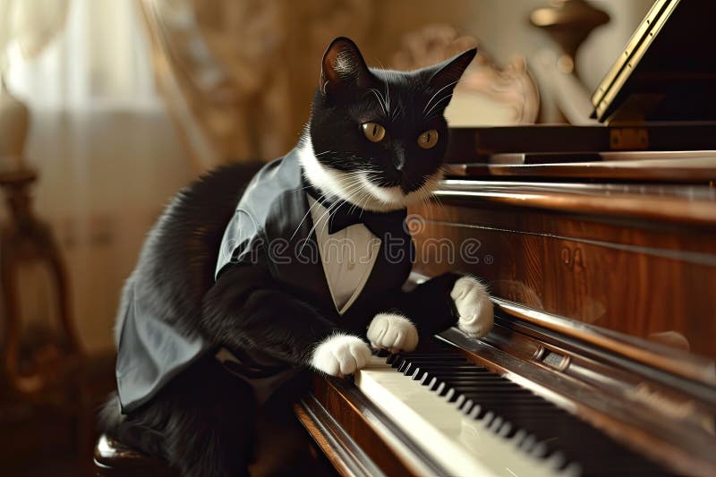 A Cat in a Tuxedo Playing a Piano, Cat Playing Piano in Tuxed