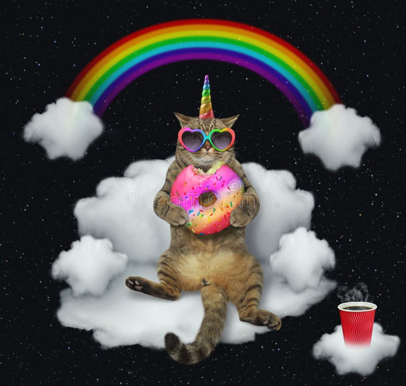 The cat unicorn in sunglasses with a color donut is sitting on the cloud like a divan. The cup of coffe is next to him. Stars background. The cat unicorn in sunglasses with a color donut is sitting on the cloud like a divan. The cup of coffe is next to him. Stars background