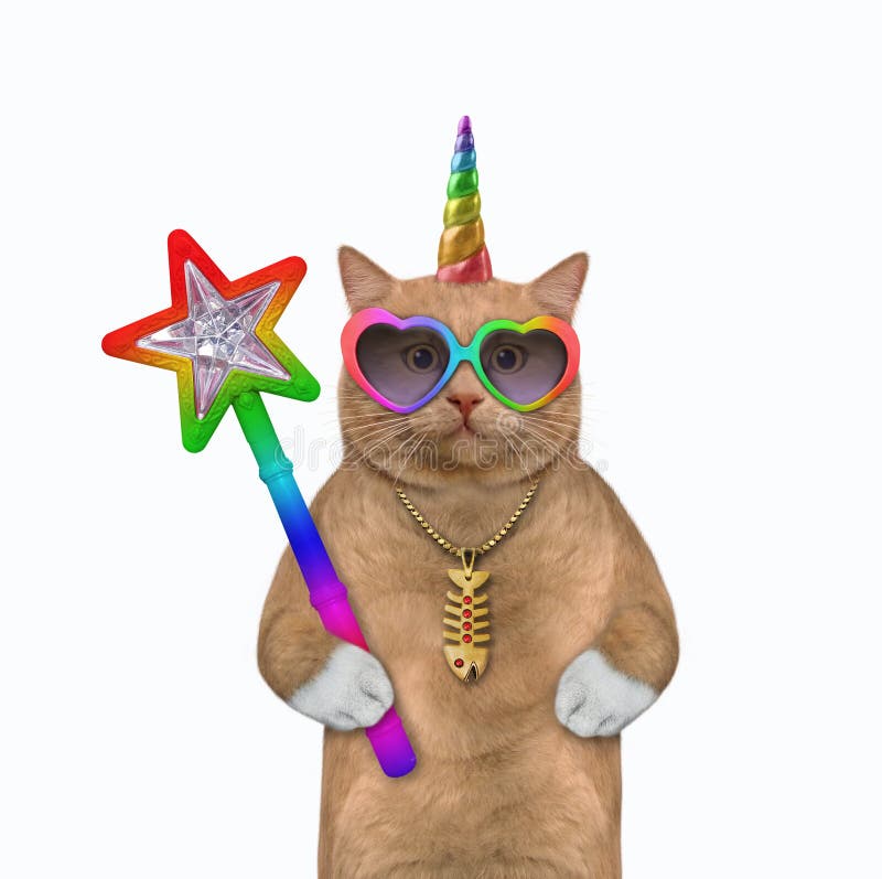 A reddish cat unicorn in sunglasses holds a magic wand. White background. Isolated. A reddish cat unicorn in sunglasses holds a magic wand. White background. Isolated