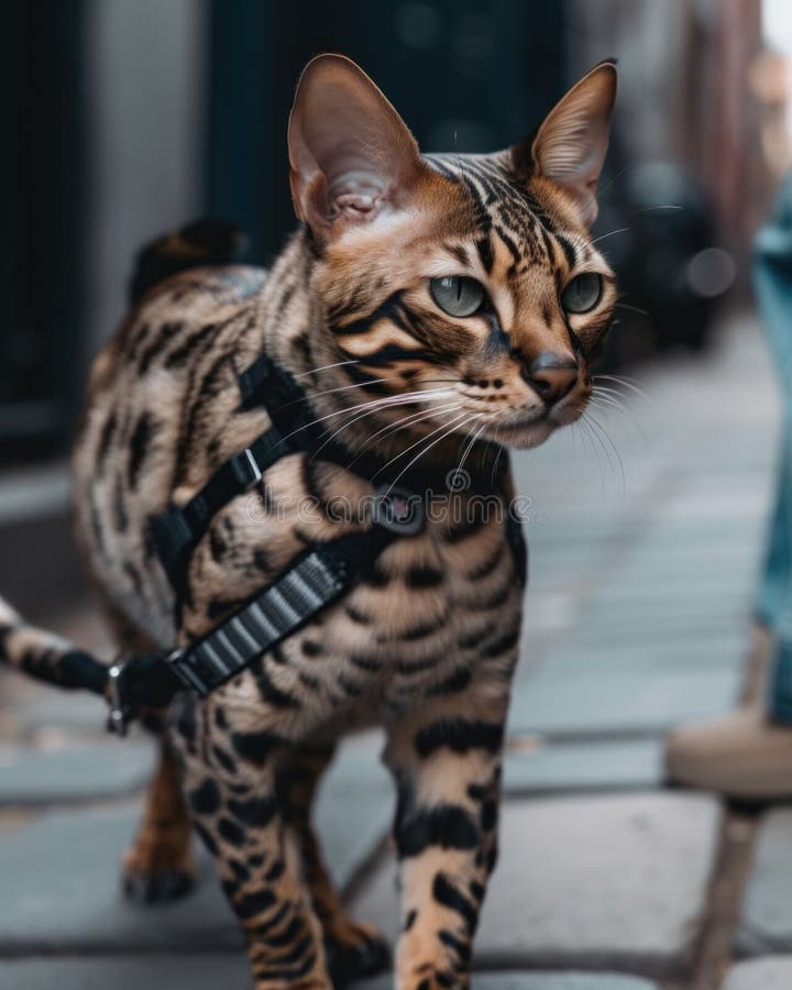 A Cat Walking Down a Sidewalk with a Harness on. AI Generative Image