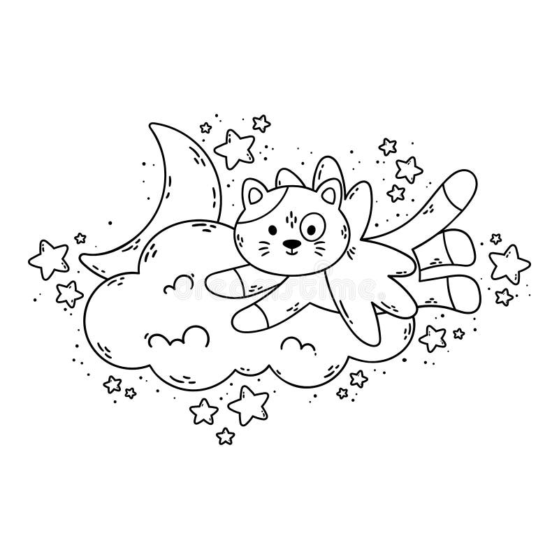 Cat with Wings Flies Past the Cloud, the Moon, and Stars. Vector ...