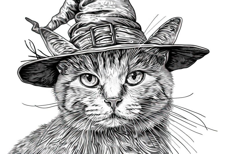 Cat in a Witch S Hat Black and white Drawing Halloween Theme Stock
