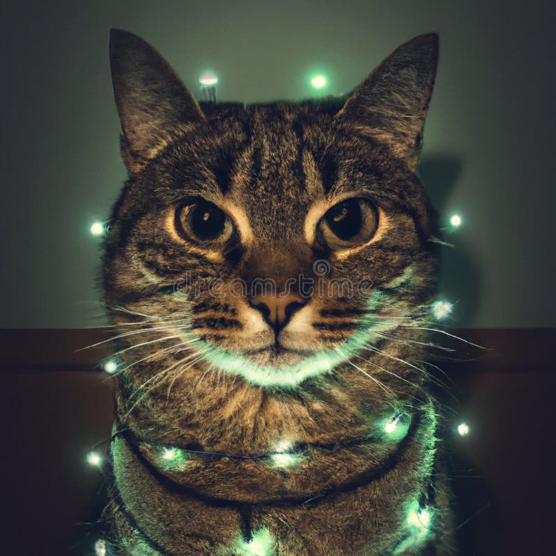 Cat Wrapped in Christmas Lights Generative Ai Illustration Stock