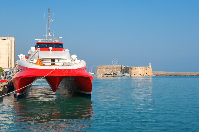 Catamaran ferry in port of Heraklion. Crete, Greece royalty free stock image Catamaran ferry in port of Heraklion. Crete, Greece royalty free stock image
