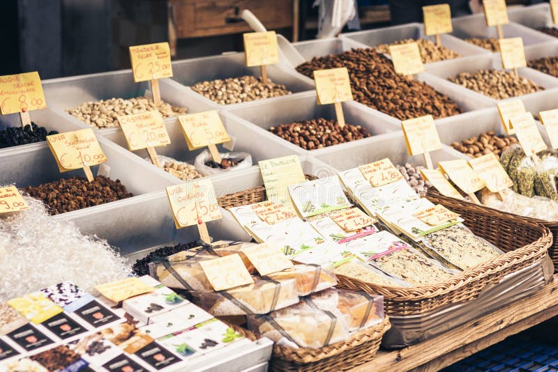 Catania, Sicily – august 16, 2018: dried fruits, spices and nuts in the fruit market royalty free stock images Catania, Sicily – august 16, 2018: dried fruits, spices and nuts in the fruit market royalty free stock images
