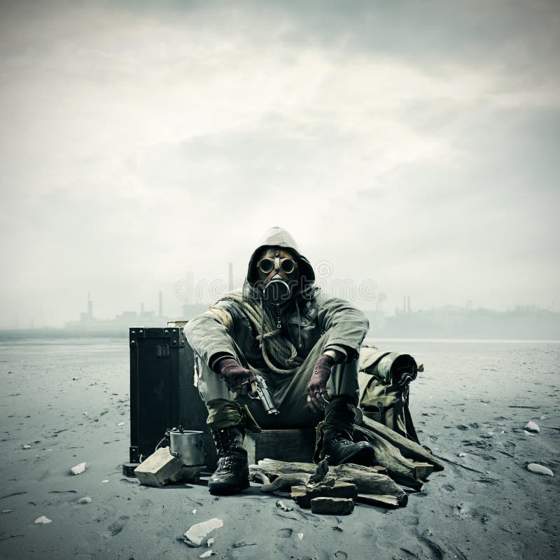 Environmental disaster. Post apocalyptic survivor in gas mask. Environmental disaster. Post apocalyptic survivor in gas mask