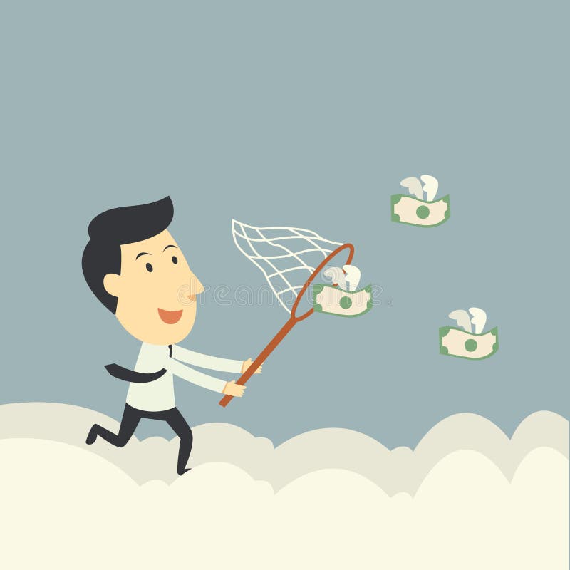 Businessman trying to catch money fly. Fortune raining vectors