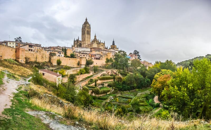 Panoramic view of the historic city of Segovia skyline with Catedral de Santa Maria de Segovia, Castilla y Leon, Spain. Panoramic view of the historic city of Segovia skyline with Catedral de Santa Maria de Segovia, Castilla y Leon, Spain