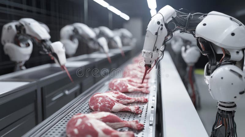 Catena di montaggio robotizzata di lavorazione di quarti di carne grezza illustrazione di stock
