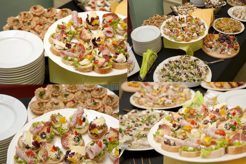 Catering, bedrijf vier van de voedseldienst foto'scollage voor voedsel de dienst die, veel smakelijk voedsel en voorgerechten, sm stock foto's Catering, bedrijf vier van de voedseldienst foto'scollage voor voedsel de dienst die, veel smakelijk voedsel en voorgerechten, sm stock foto's
