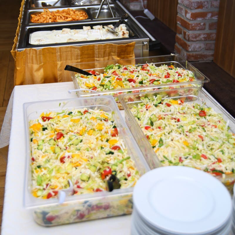 Catering Food for Wedding or Anniversary on Buffet Table Stock Image