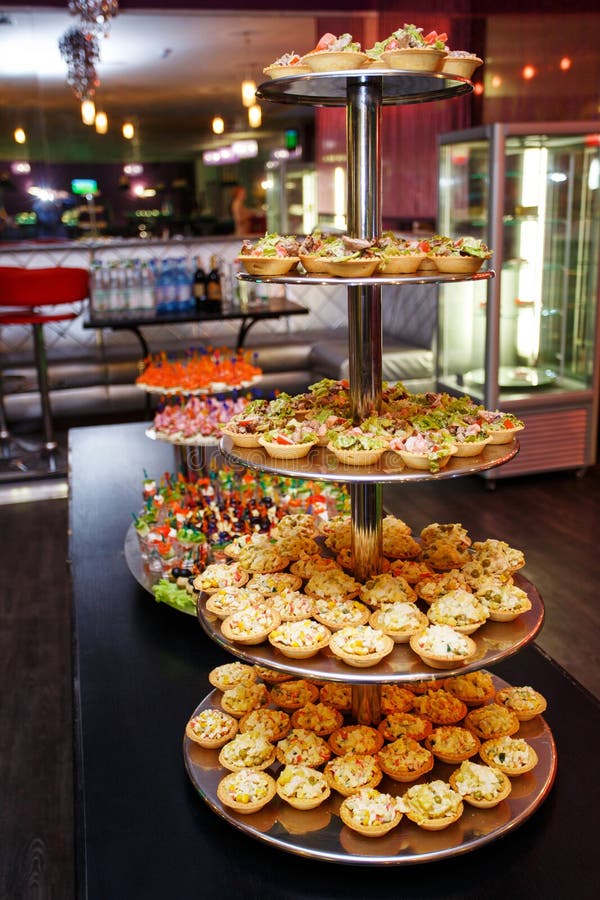 Catering Services Background With Snacks And Food In Restaurant Stock