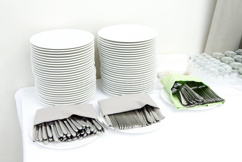 Stacks Of Catering Plates With Spoons Stock Photo Image of service