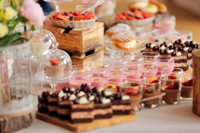 Catering Sweets, Closeup of Various Kinds of Fruit Pastry on Eve Stock