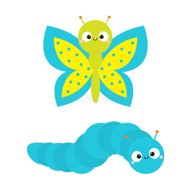 Caterpillar butterfly insect icon set. Baby collection. Crawling catapillar bug. Cute cartoon funny character. Smiling face. Flat