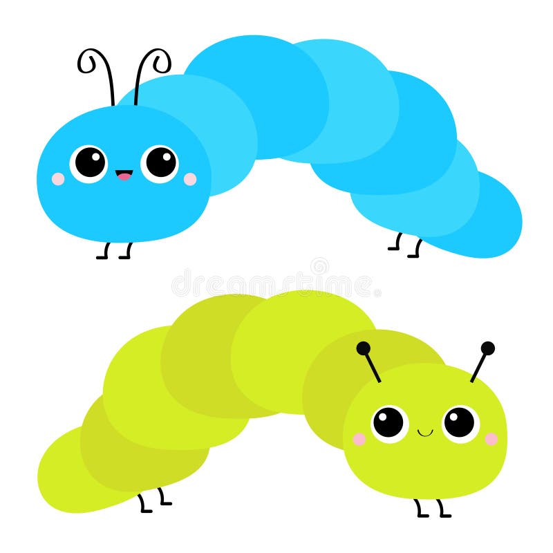 Caterpillar insect icon set. Cute crawling catapillar bug. Cartoon funny kawaii baby animal character. Smiling face. Colorful