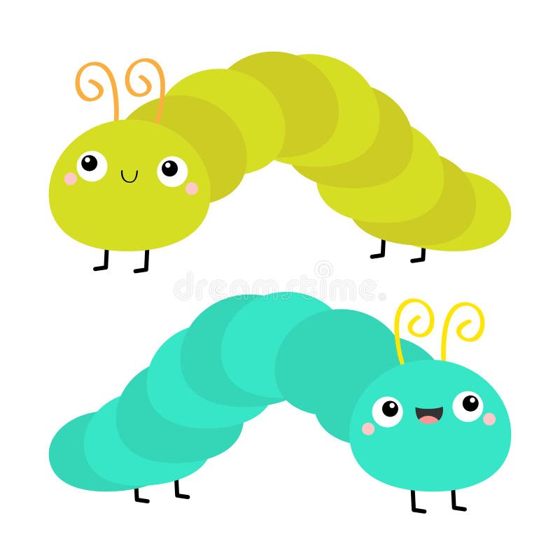 Caterpillar set. Insect icon. Cute crawling catapillar bug. Cartoon funny kawaii baby animal character. Smiling face. Colorful